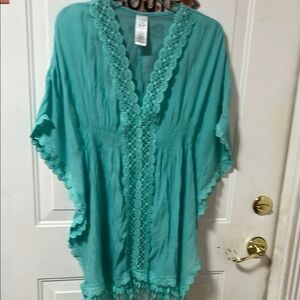 Time and Tru Teal Kimono with Lace Detail